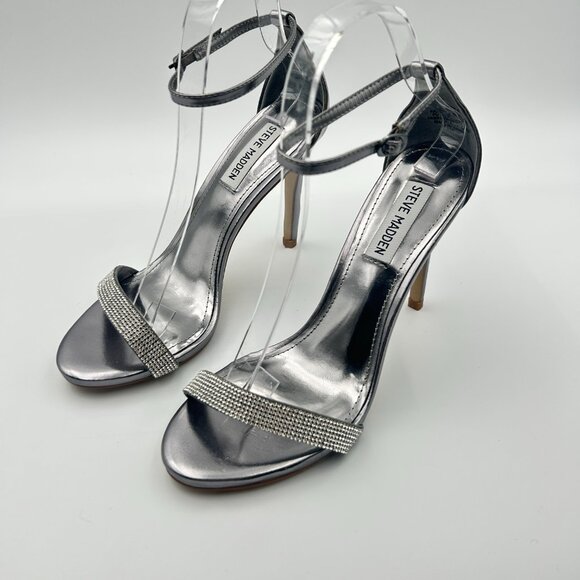 Steve Madden Stecy Silver Rhinestrone Heels Sz 8 Strappy Sandals LN - Picture 2 of 5
